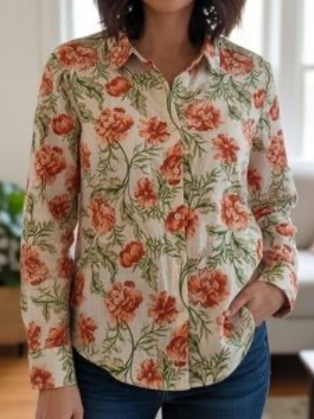 Joie women's S floral linen long sleeve button down top office boho career